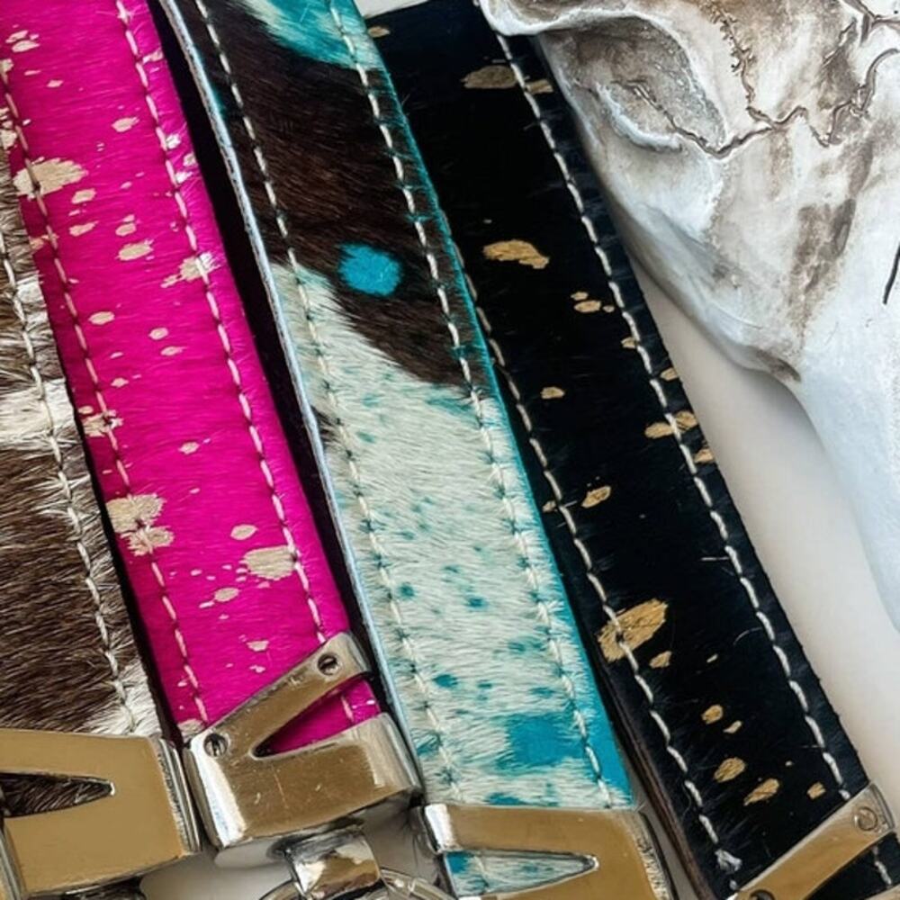 Western Hair On Cowhide Keychain: Acid Wash Turquoise